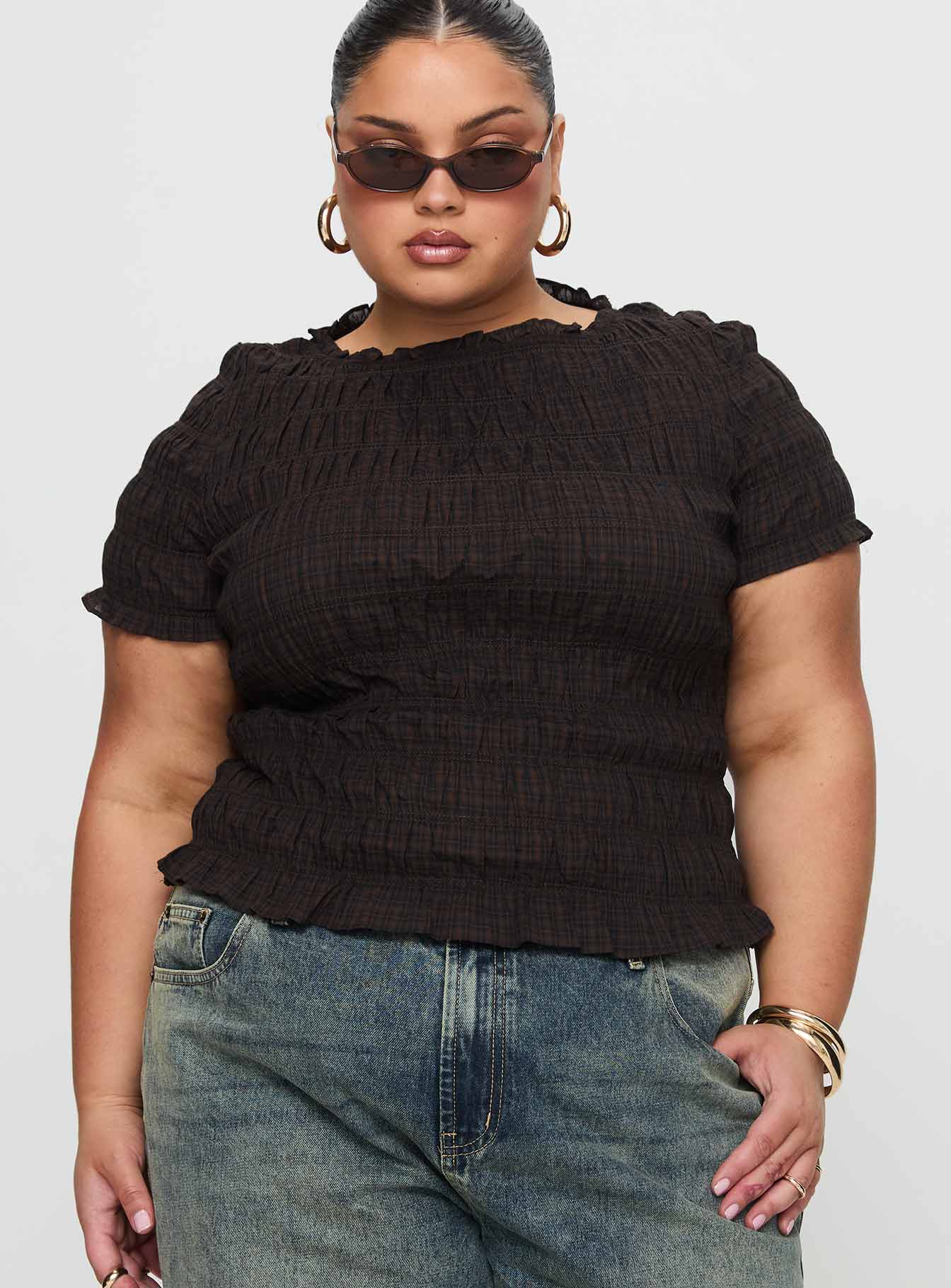 Romelle Shirred Top Black Brown Plaid
