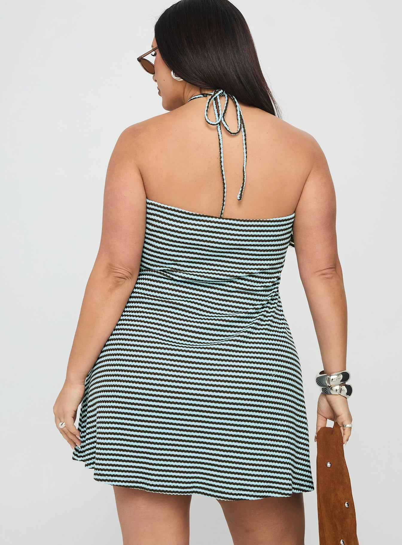 Knoxi Halter Jersey Mini Dress Blue Brown Stripe Curve