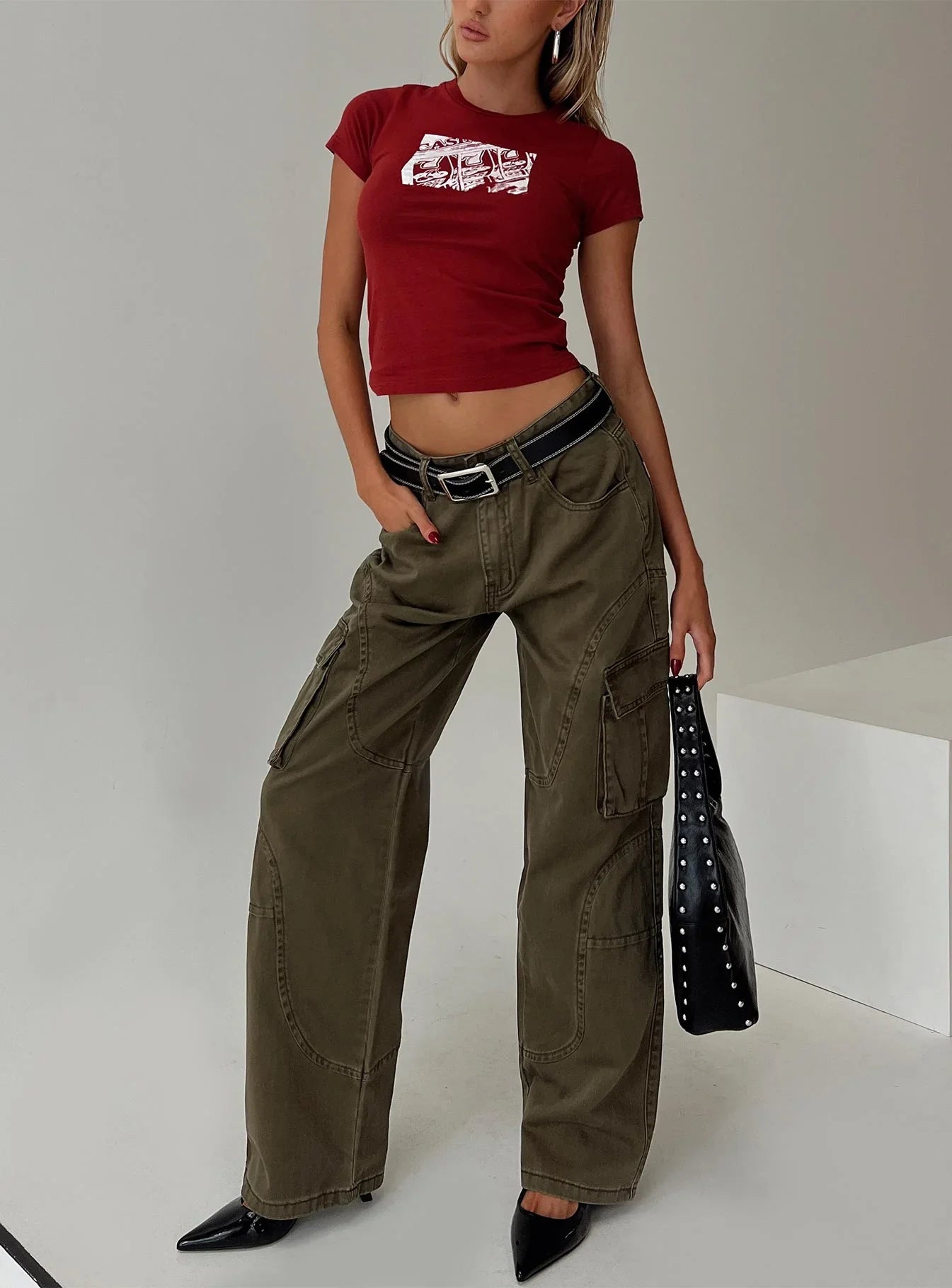 Ahstin Mid Rise Straight Leg Cargo Jeans Green Petite