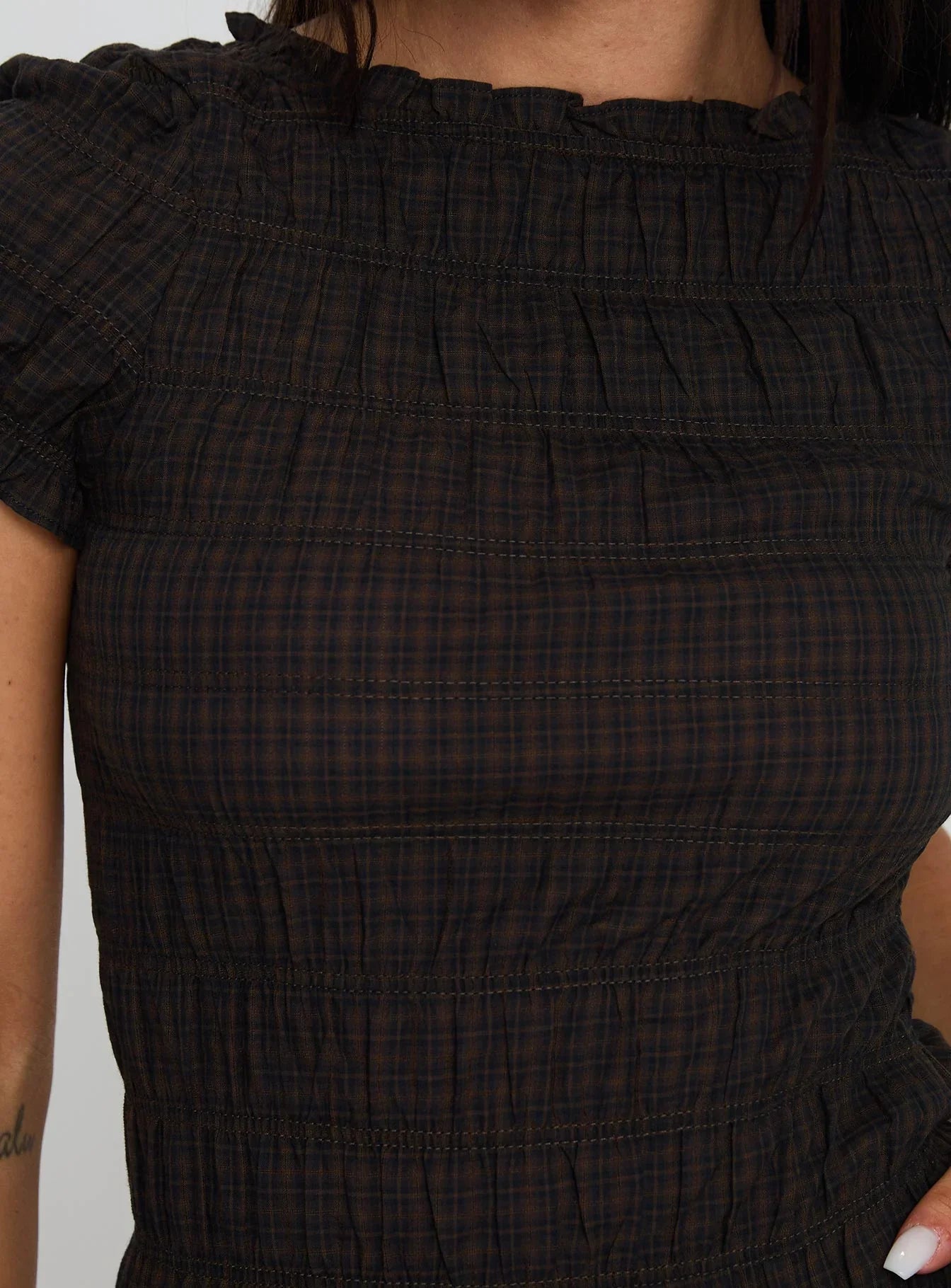 Romelle Shirred Top Black Brown Plaid