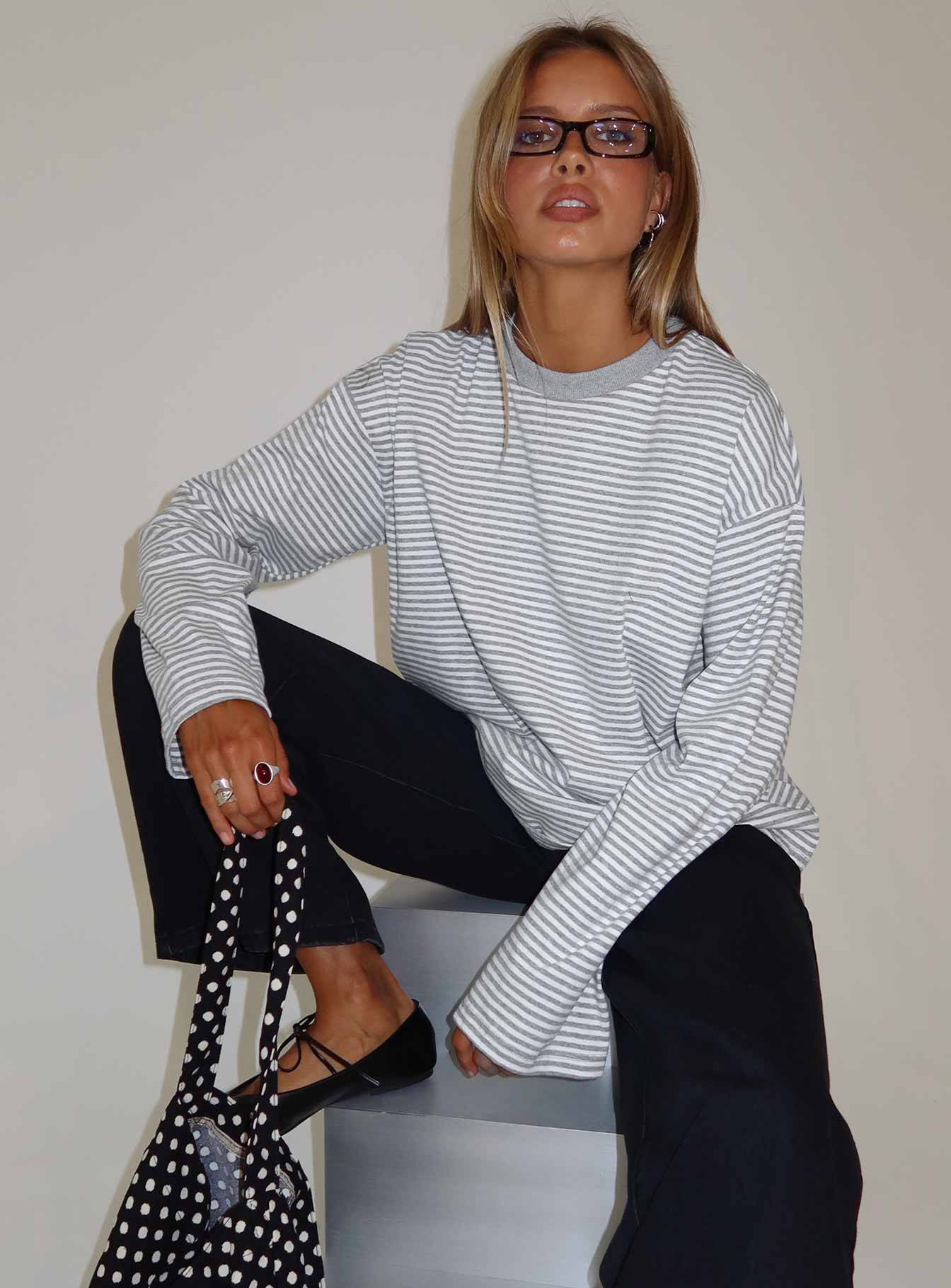 Settle Down Long Sleeve Top Grey White Stripe