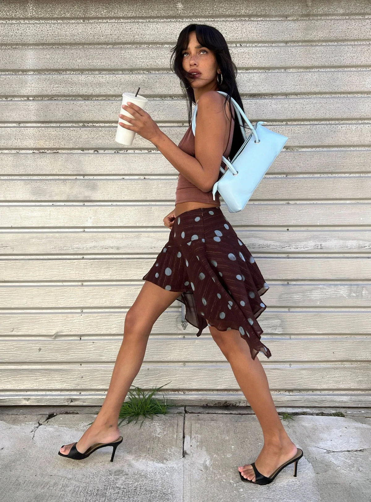 Hevenna Asymmetrical Chiffon Mini Skirt Brown Blue Polka
