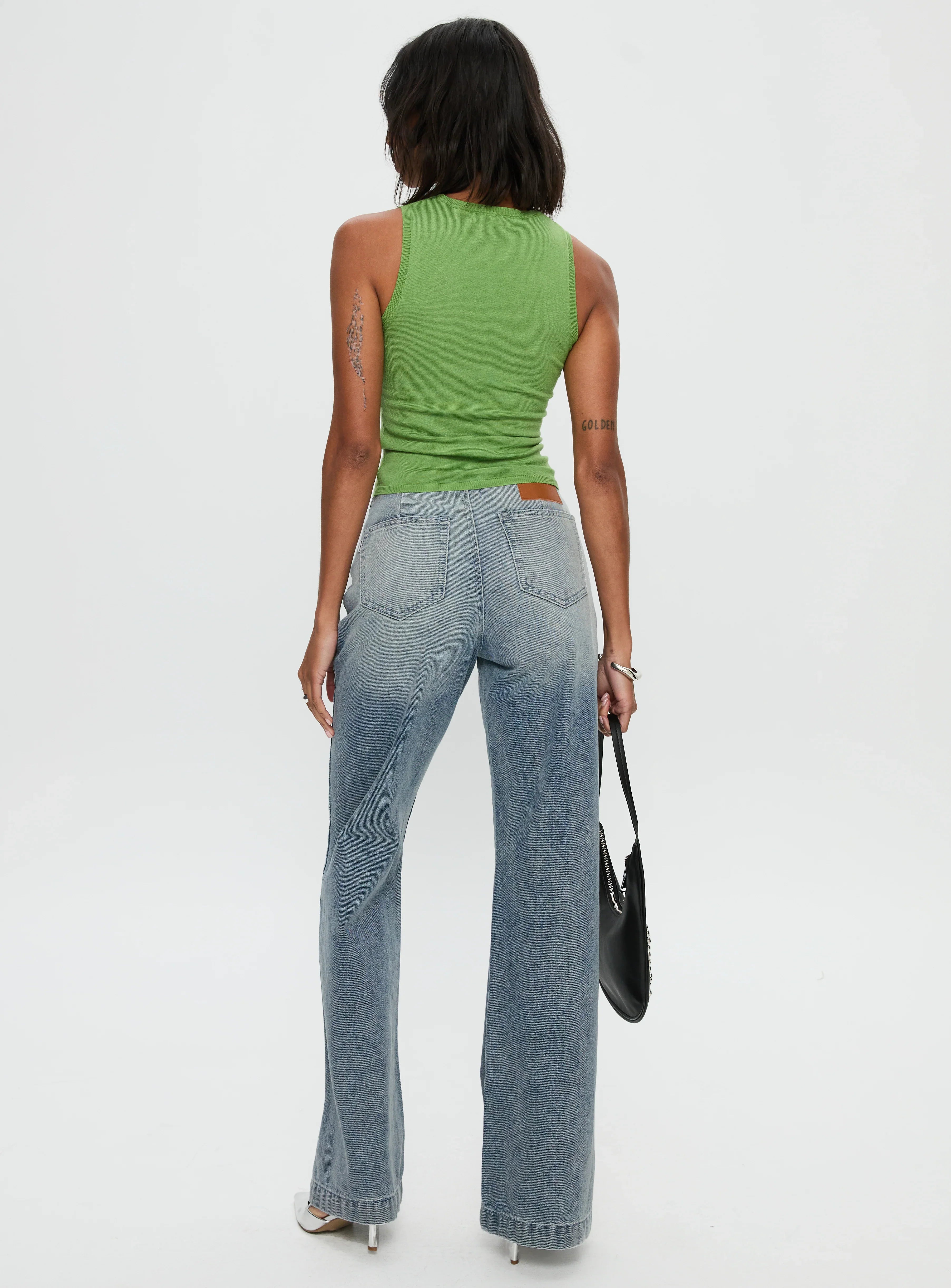 Slow Ride Mid Rise Bootleg Belted Jeans Light Blue