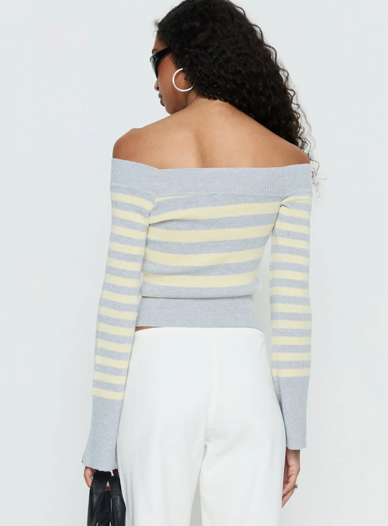 Perrey Long Sleeve Off Shoulder Top Knit Yellow Grey Stripe