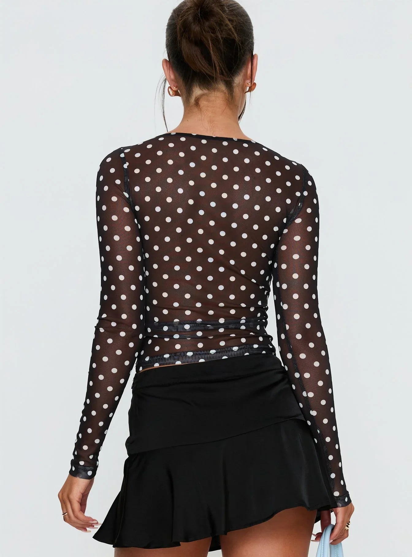 Rosenda Mesh Long Sleeve Top Black White Polka