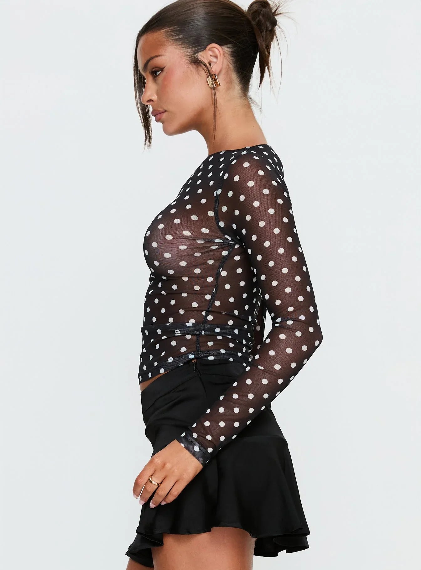 Rosenda Mesh Long Sleeve Top Black White Polka