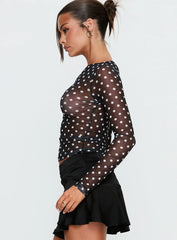 Rosenda Mesh Long Sleeve Top Black White Polka