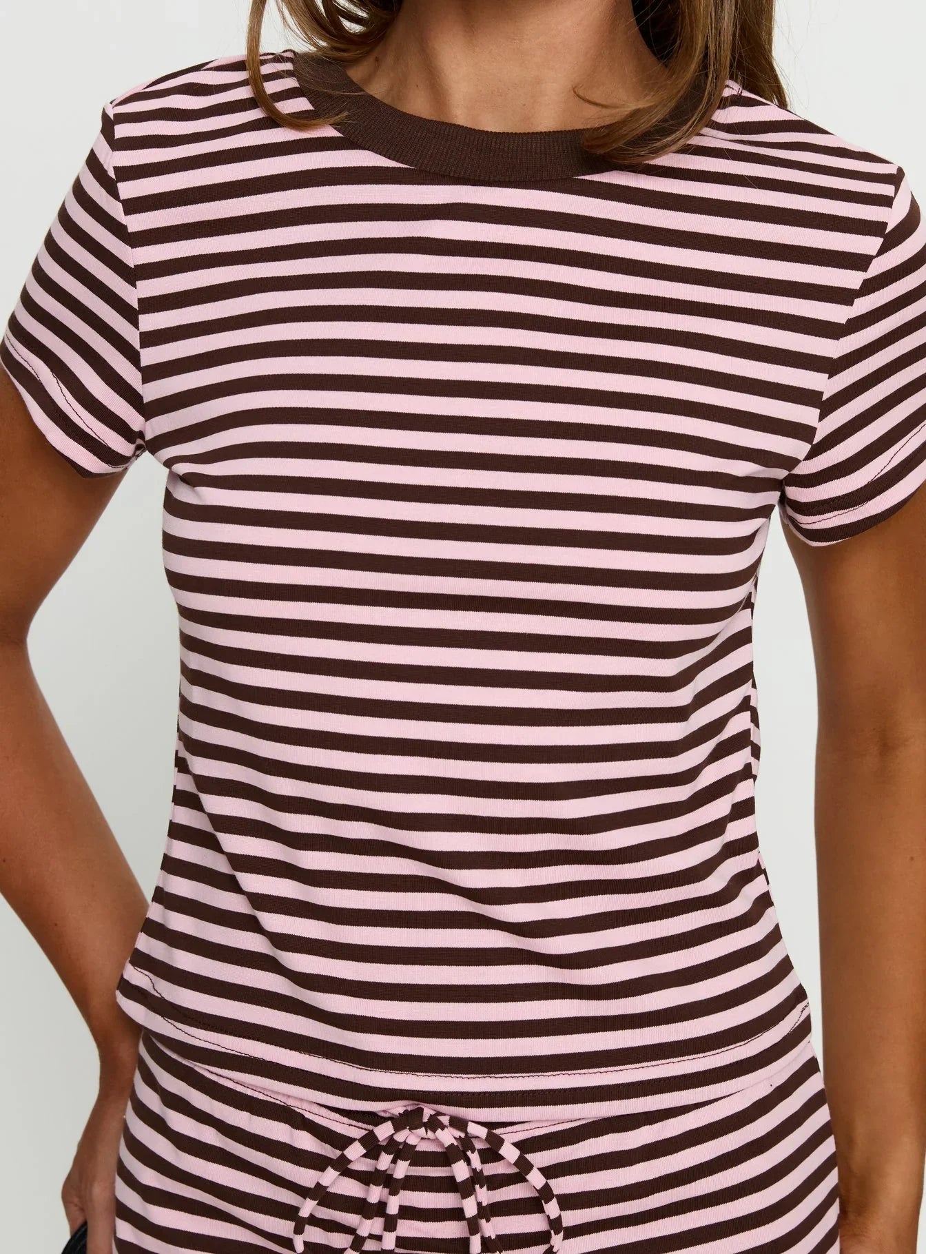 Settle Down Baby Tee Pink Brown Stripe