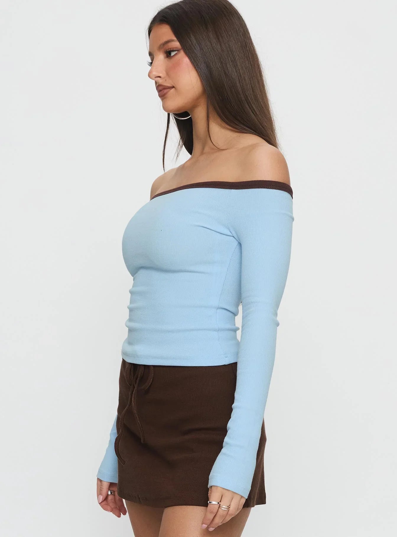 Baseline Off Shoulder Top Blue Brown