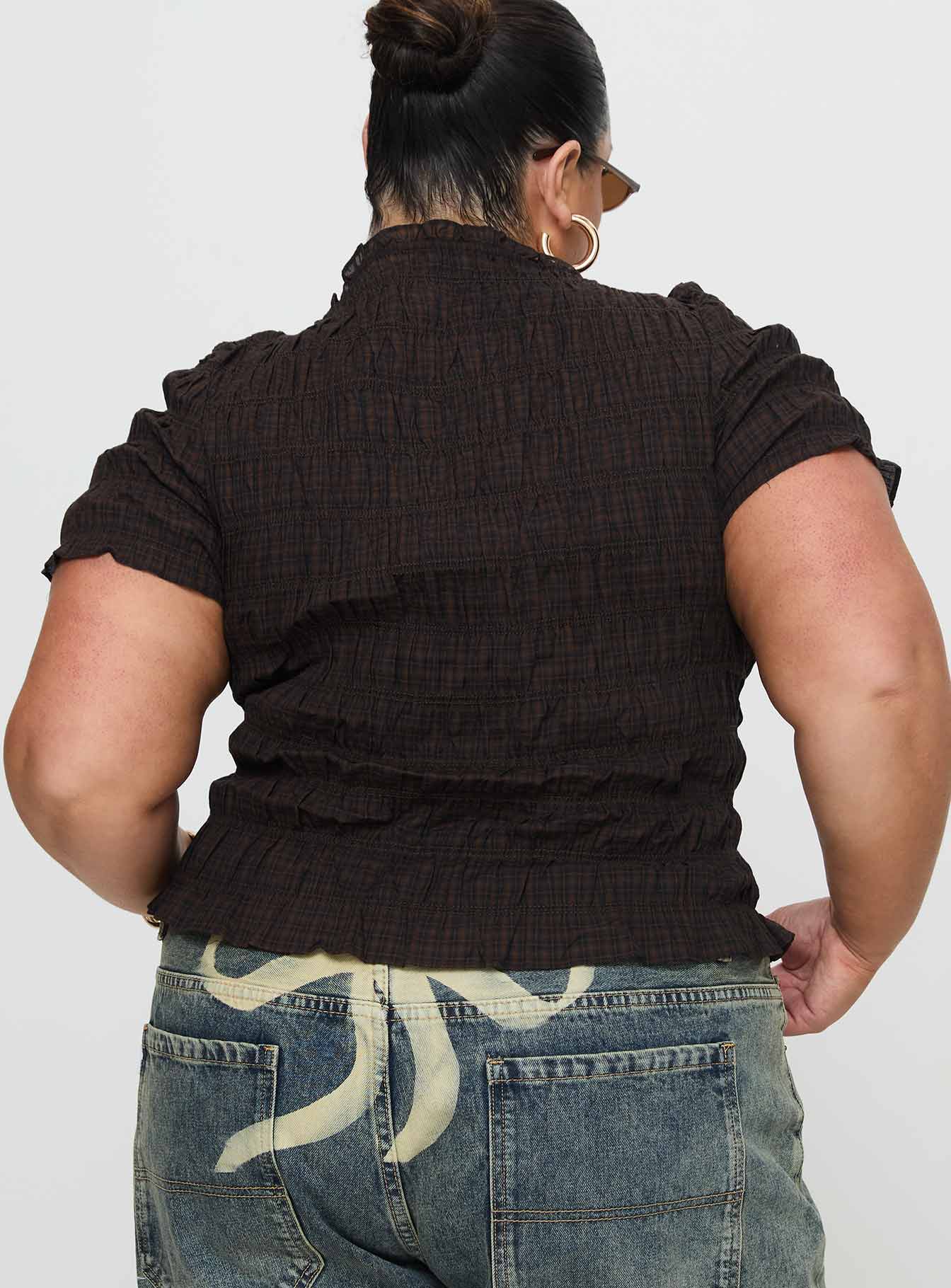 Romelle Shirred Top Black Brown Plaid