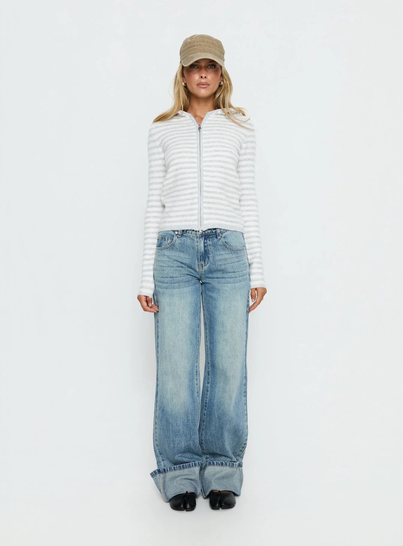 Superstars Zip Through Hoodie Grey Cream Stripe