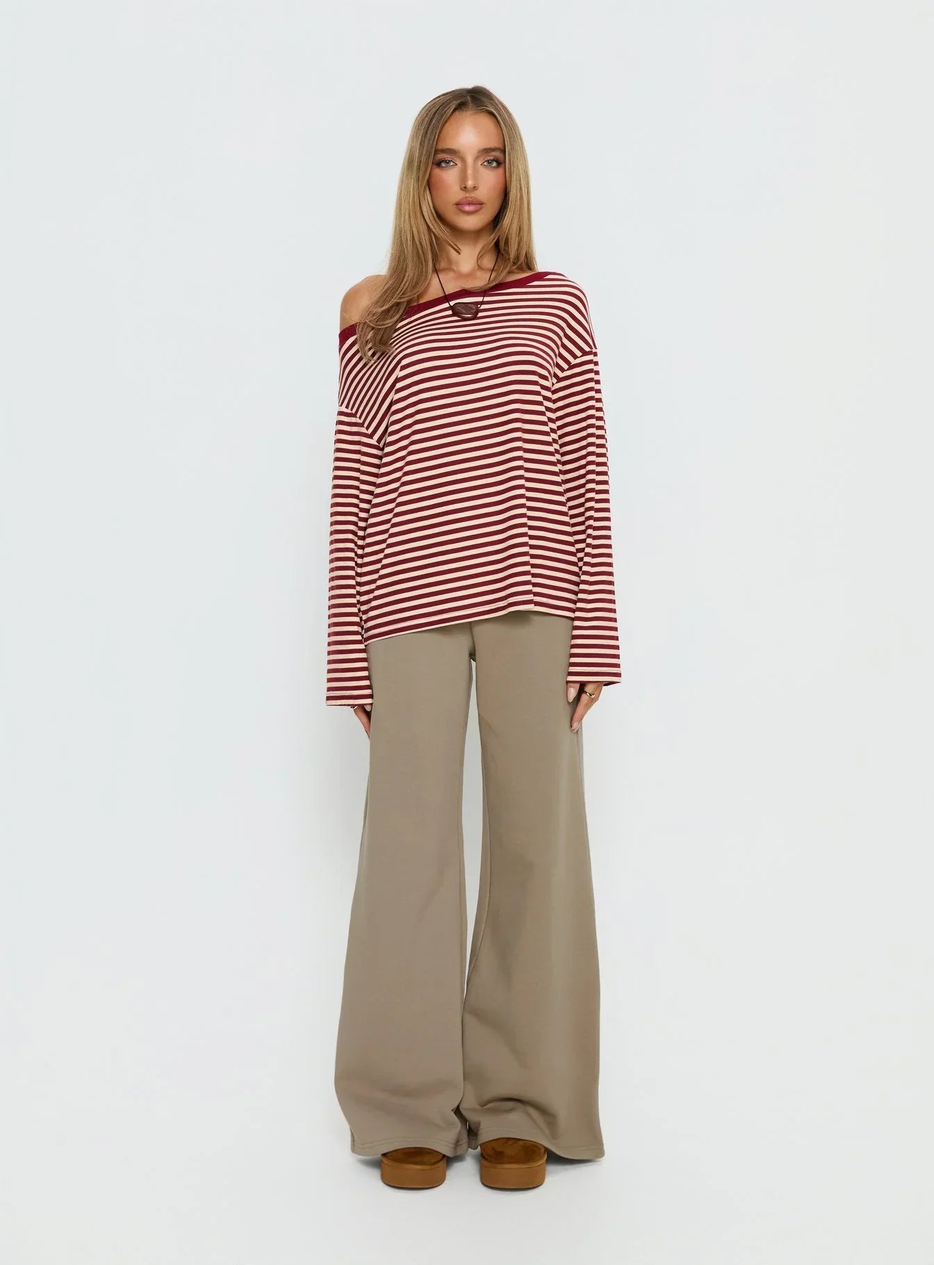 Ralyssa Off Shoulder Long Sleeve Top Red Stripe