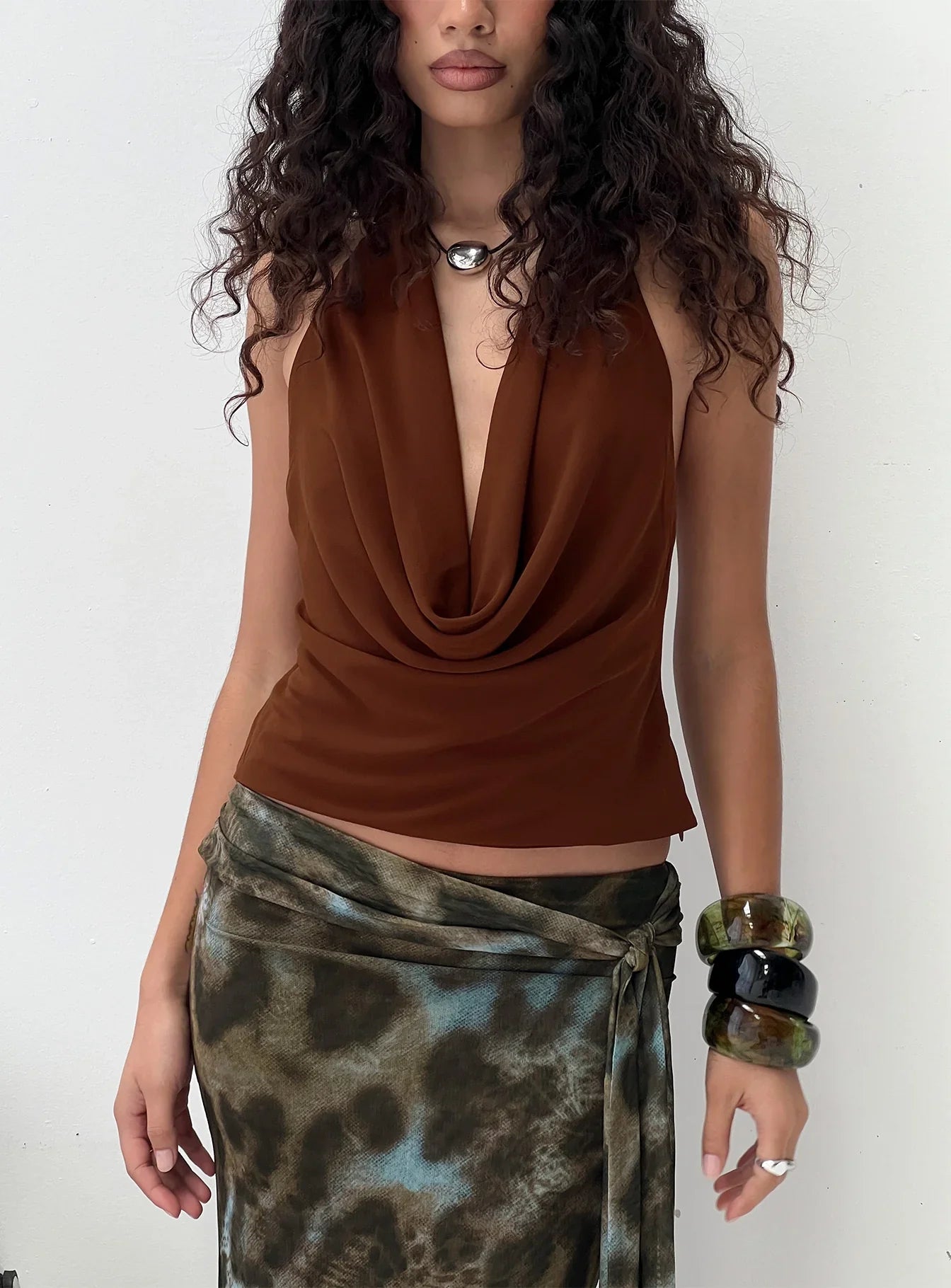 Annina Plunge Neck Backless Halter Top Chocolate