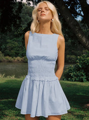 Yennifer Shirred Mini Dress Blue White Petite