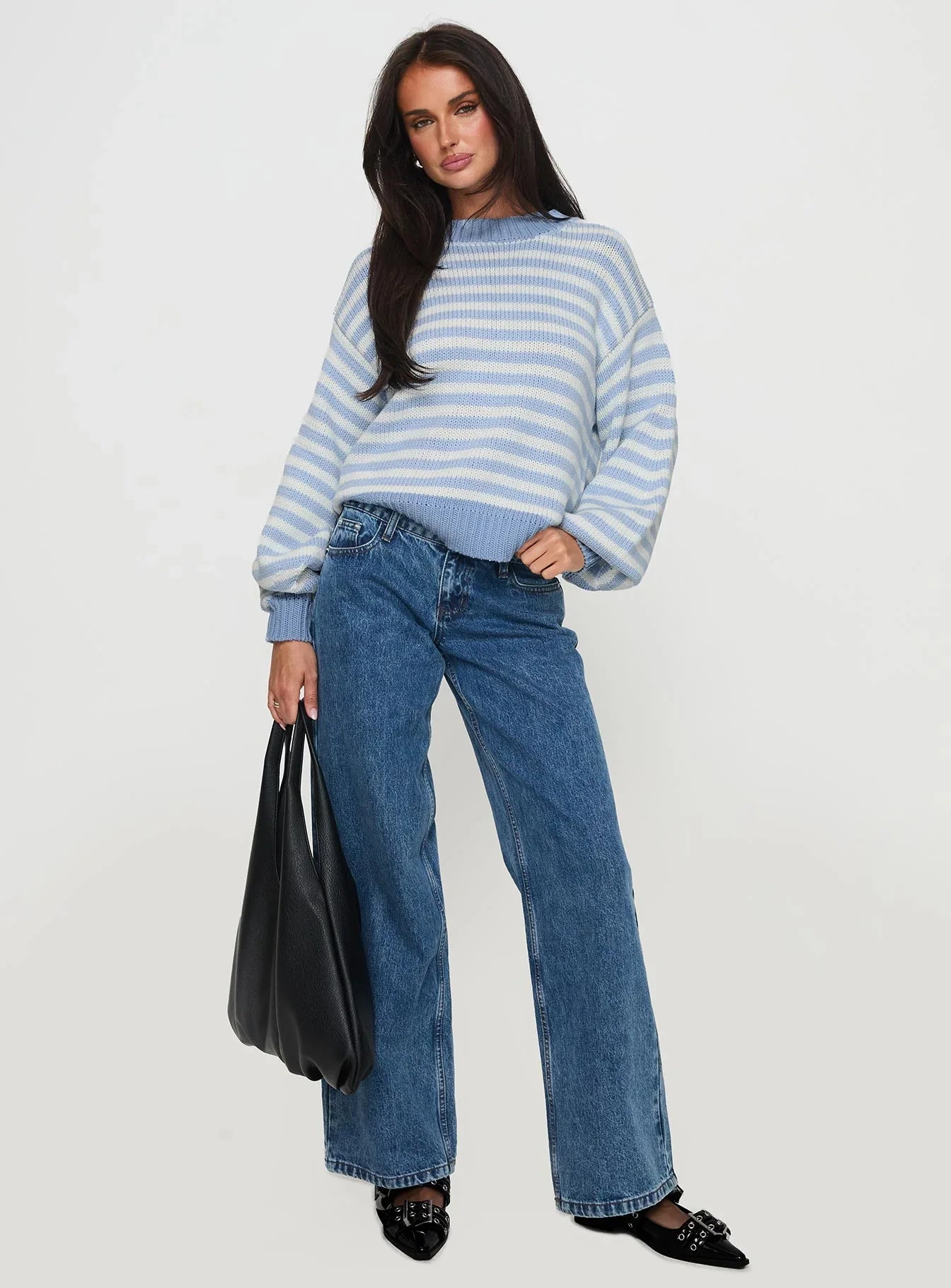 Harmony Balloon Sleeve Knit Sweater Blue White Stripe
