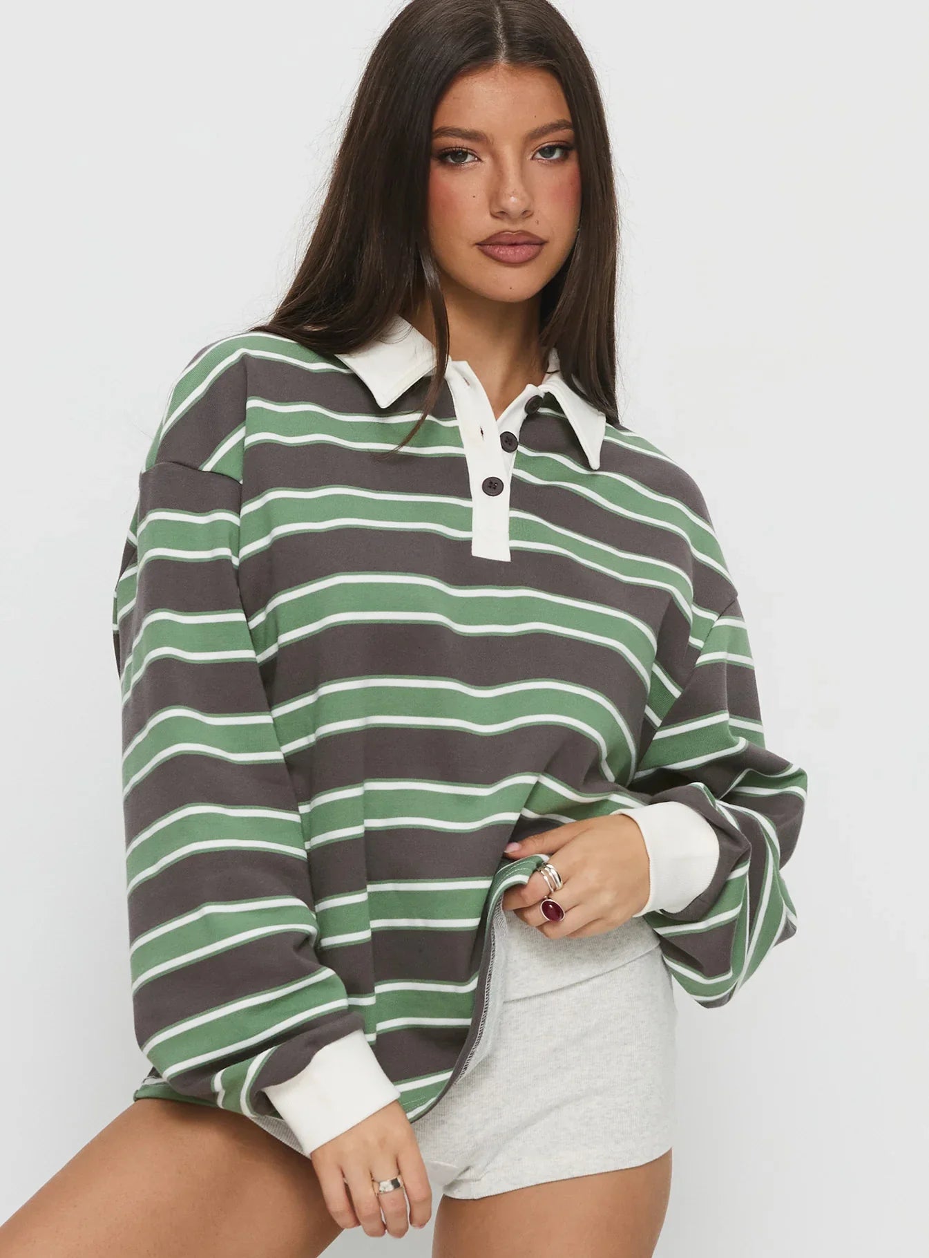 Tycen Polo Rugby Jumper Green Grey Stripe
