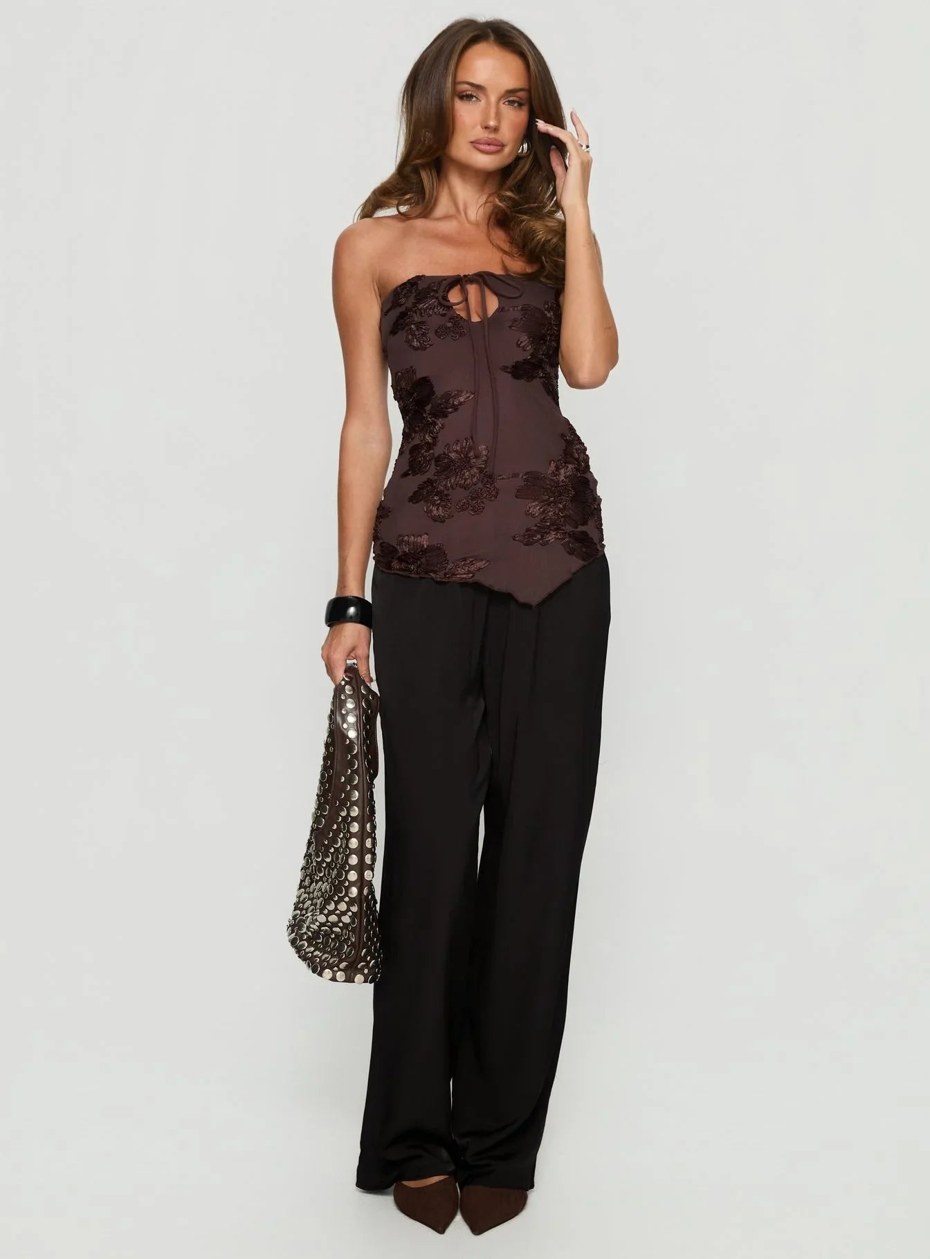 I Wonder Strapless Cut Out Top Chocolate Floral