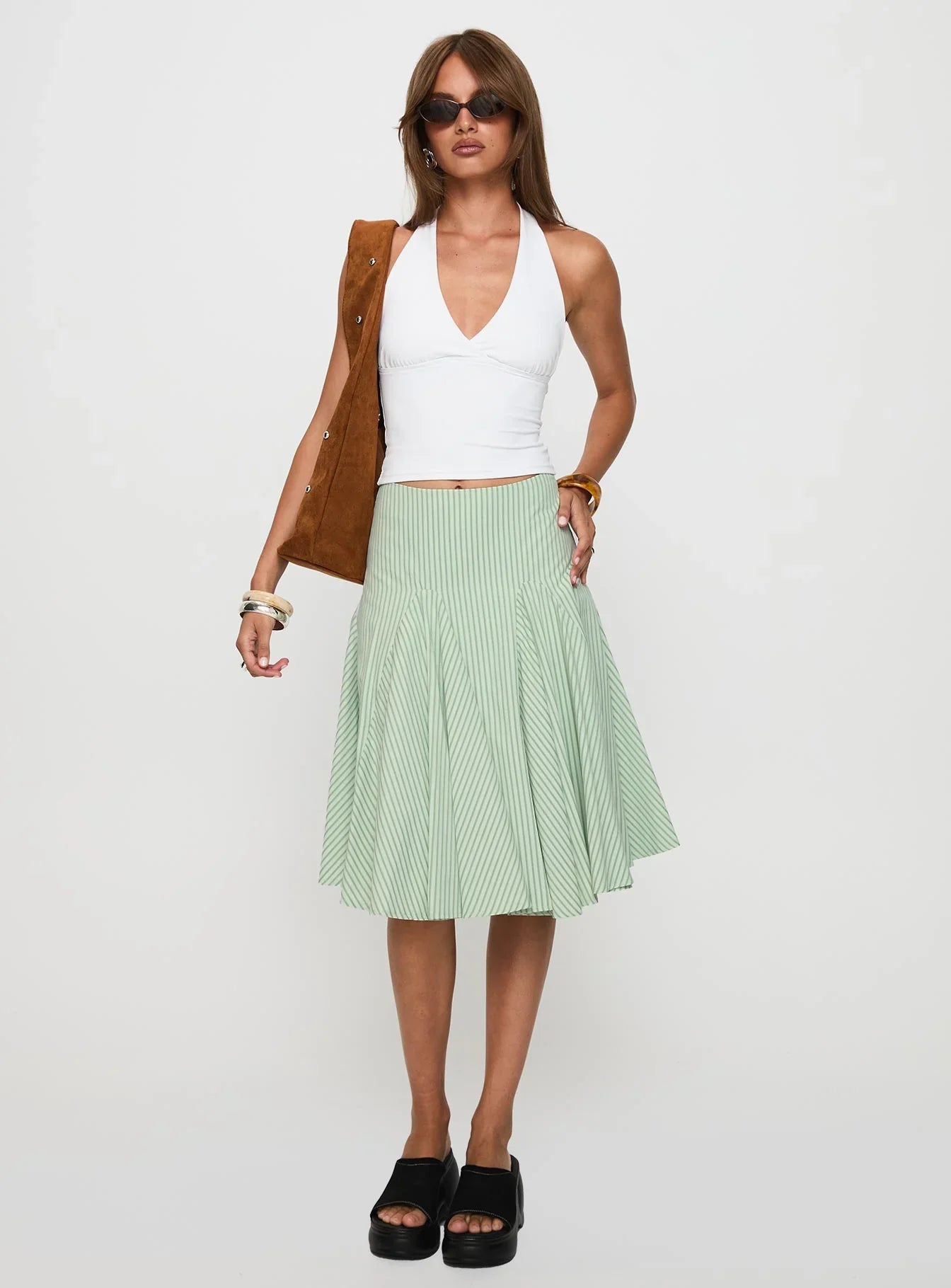 Evangaleine Pleat Midi Skirt Green White
