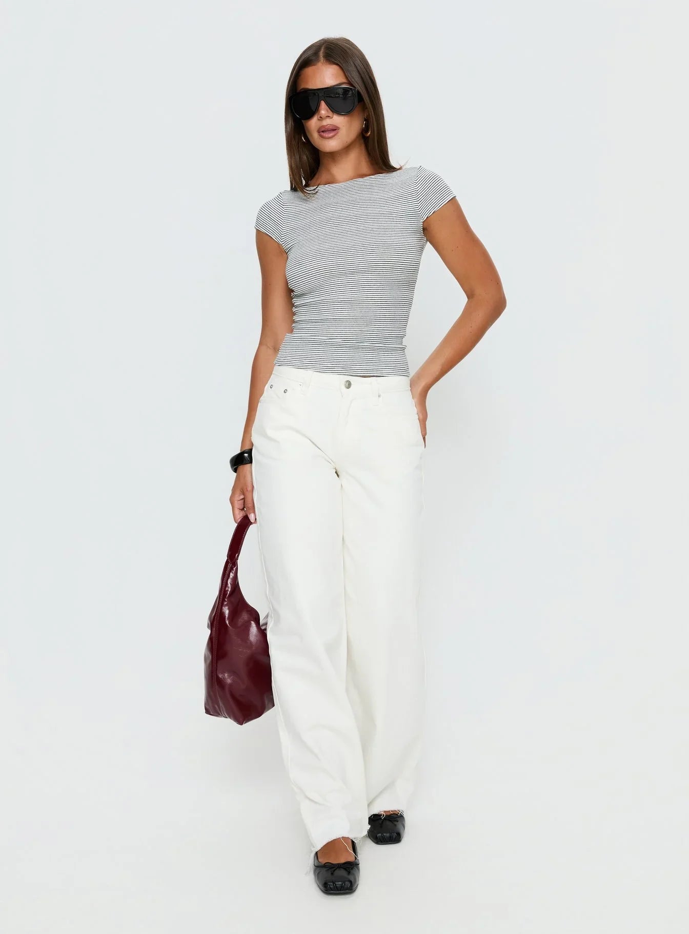 Nyren Low Back Boatneck Top White Black Stripe
