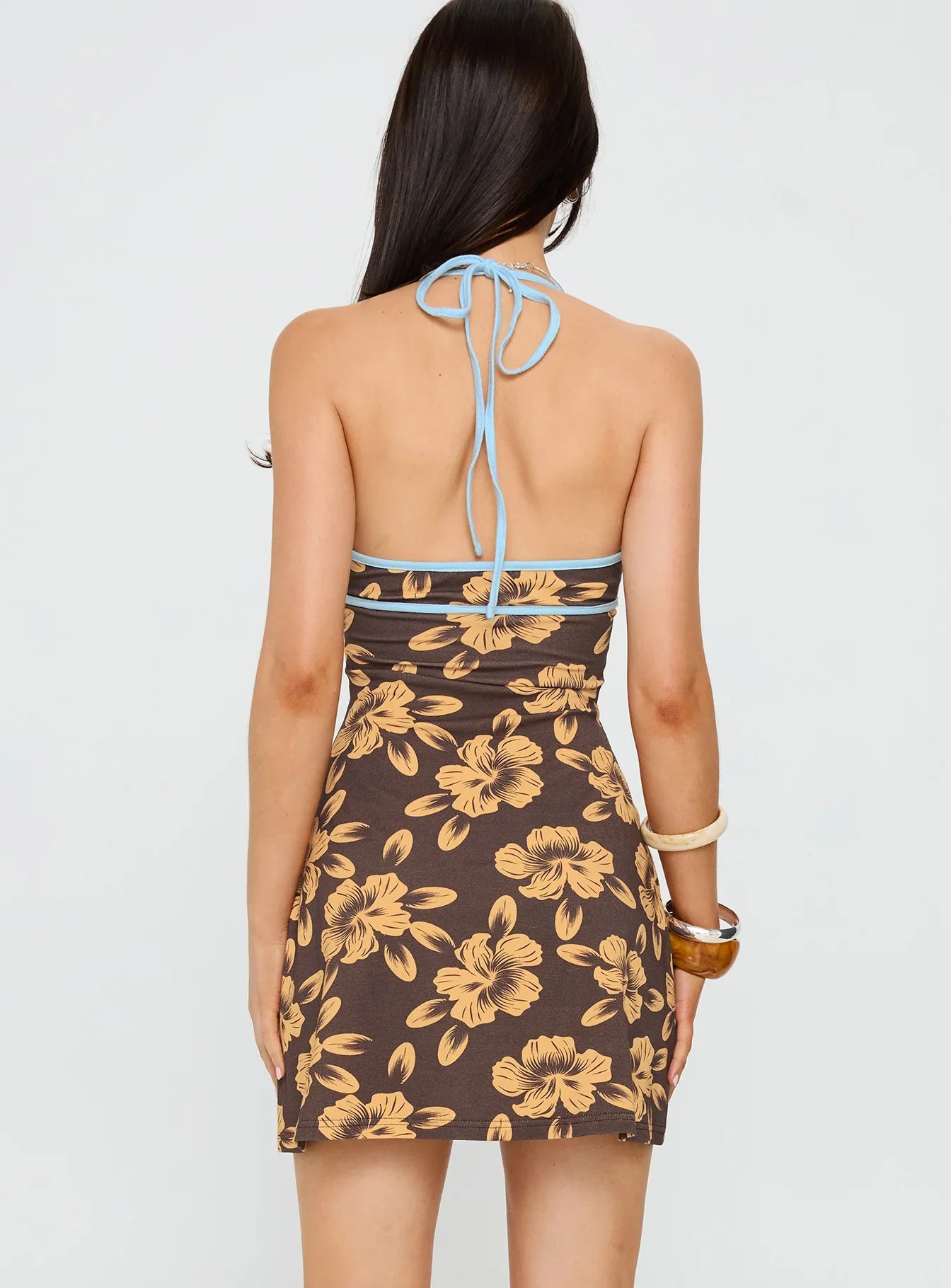 Mishie Halter Mini Dress Brown Blue Floral