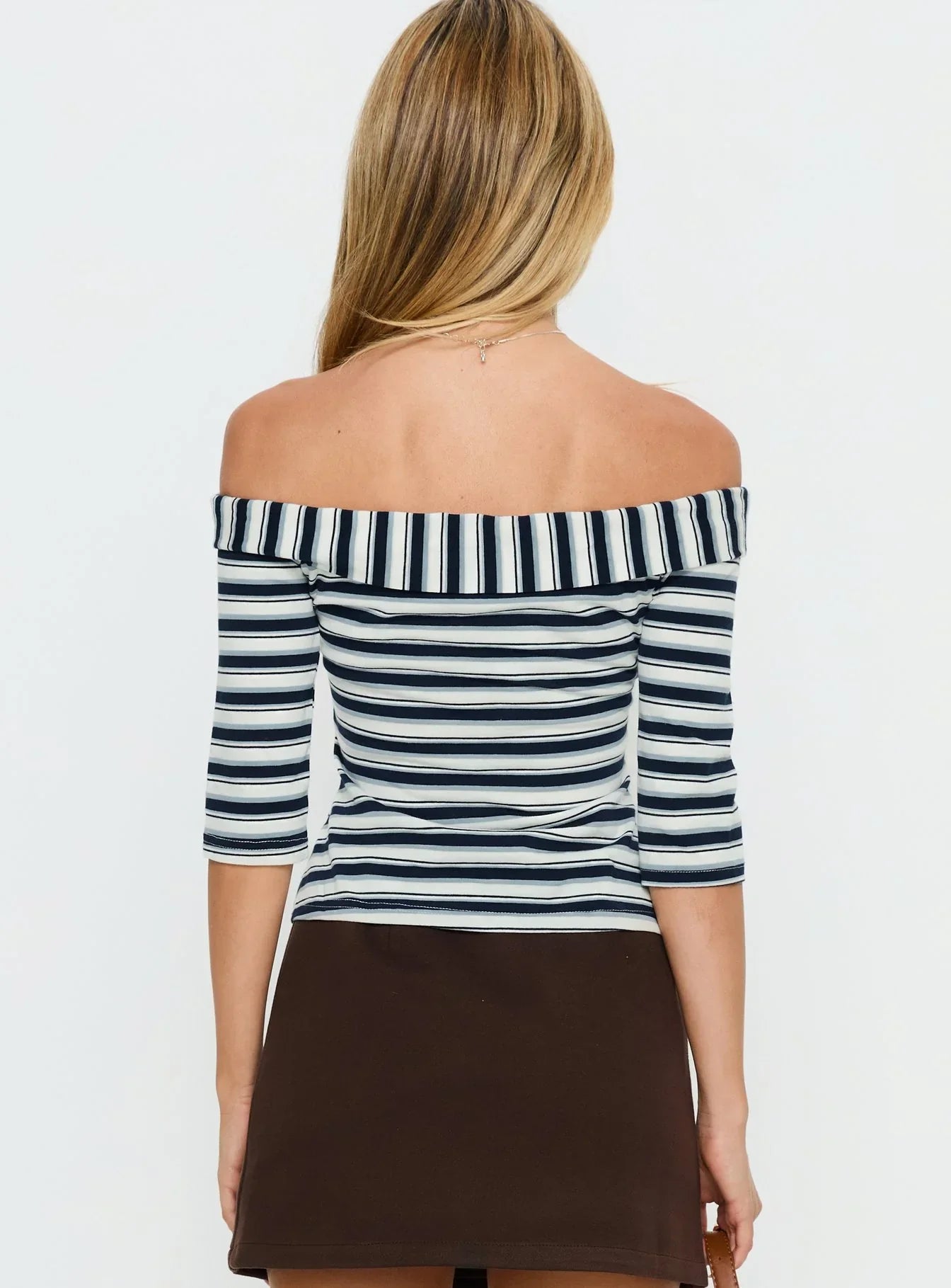 Shaylla Off Shoulder 3 4 Sleeve Top Blue Stripe