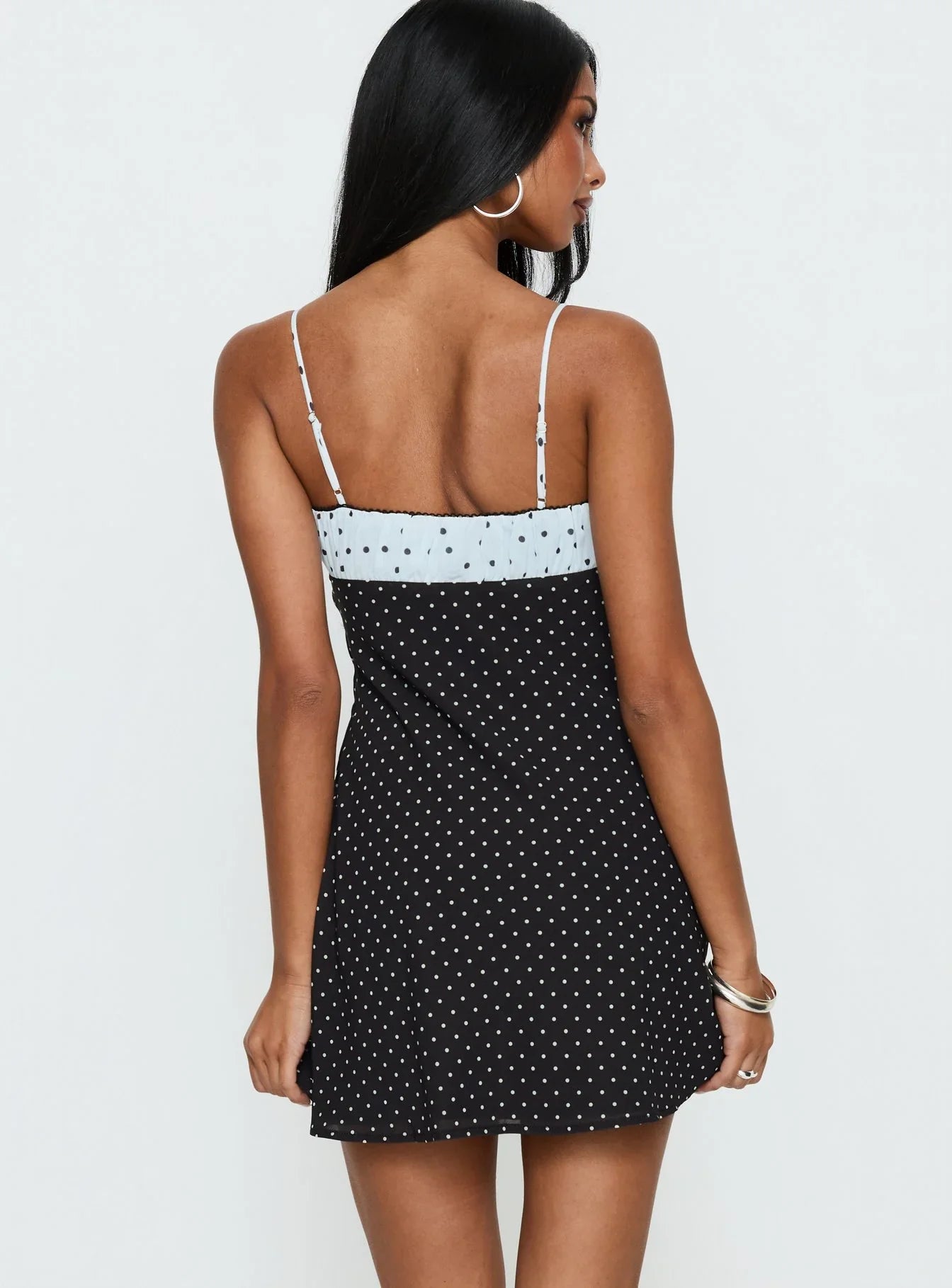 Rylann Contrast Tie Detail Mini Dress Navy Blue Polka