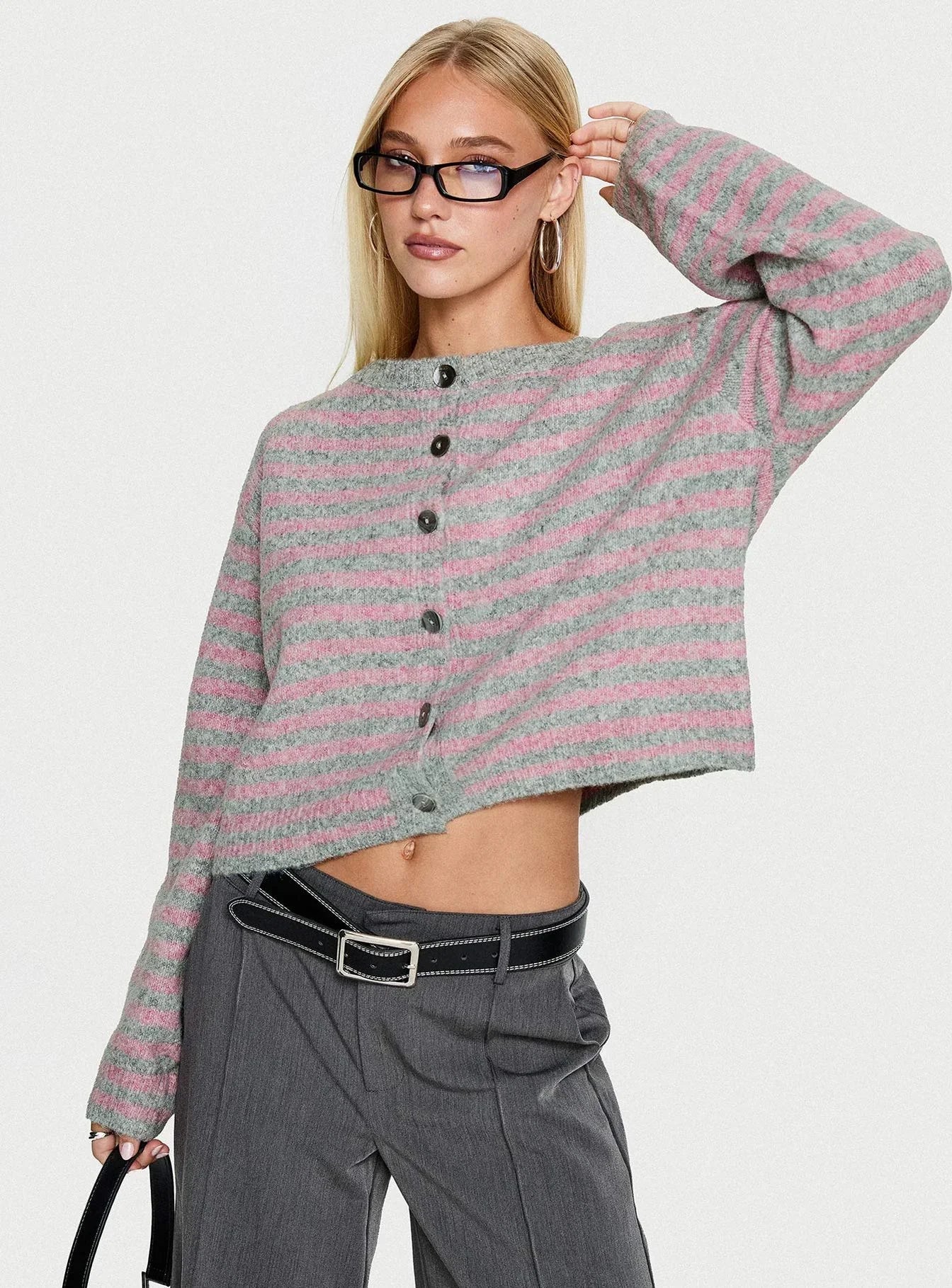 Raynna Button Up Cardigan Pink Grey Stripe