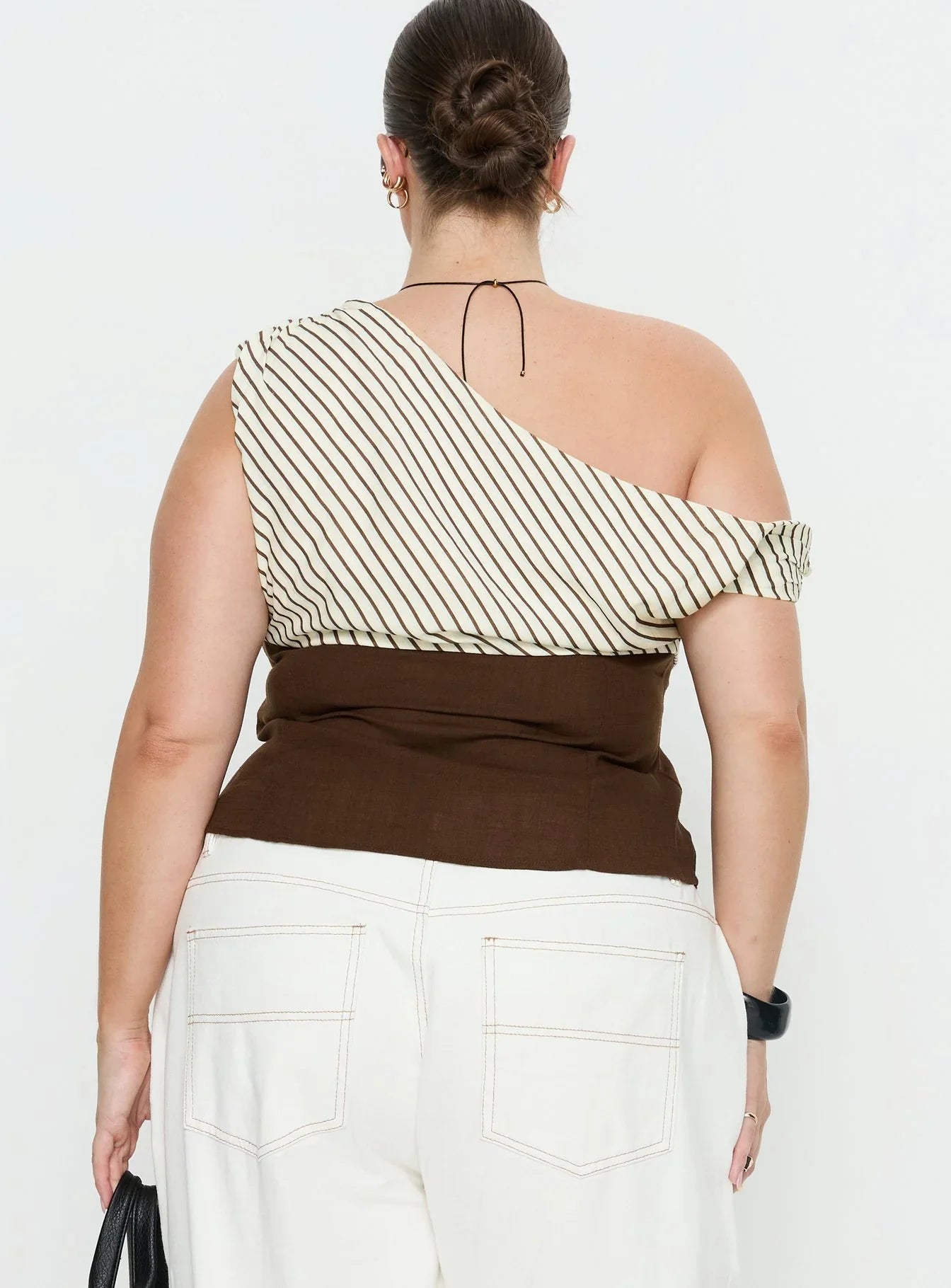 Past Life One Shoulder Top Brown Stripe Curve