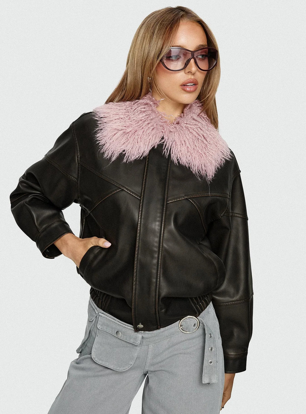 Brittanni Fluffy Collar Jacket Brown Pink