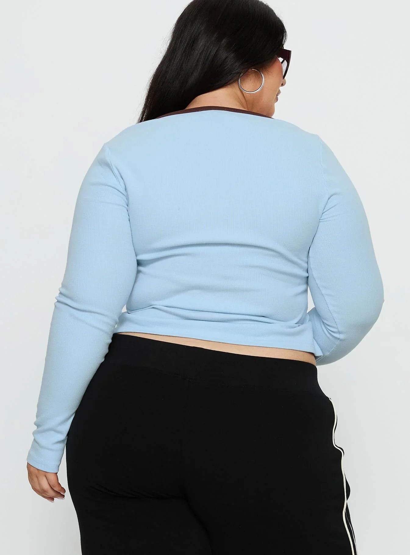 Baseline V Neck Long Sleeve Top Blue Brown Curve