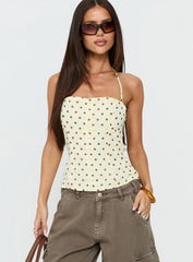 Bon Bon Tie Neck Top Yellow Brown Polka