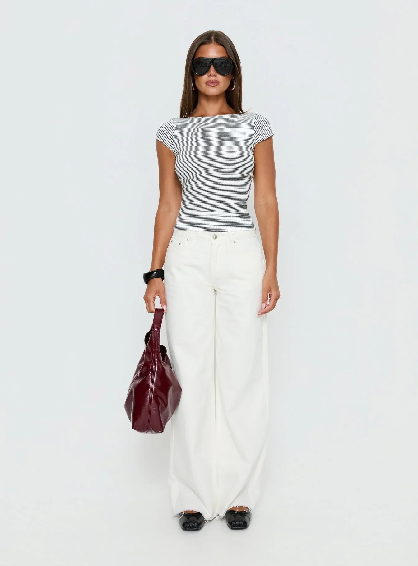 Nyren Low Back Boatneck Top White Black Stripe