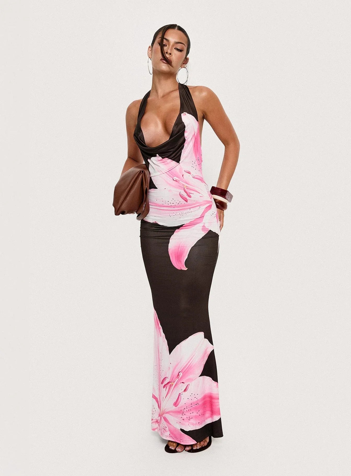 Kanara Halter Plunge Maxi Dress Chocolate Pink Floral