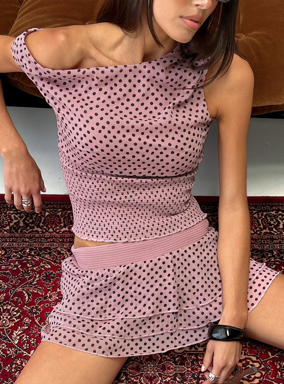 Ready To Party Off Shoulder Top Pink Black Polka