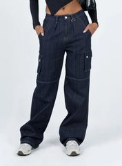 Paige Mid Rise Baggy Cargo Jeans Dark Wash