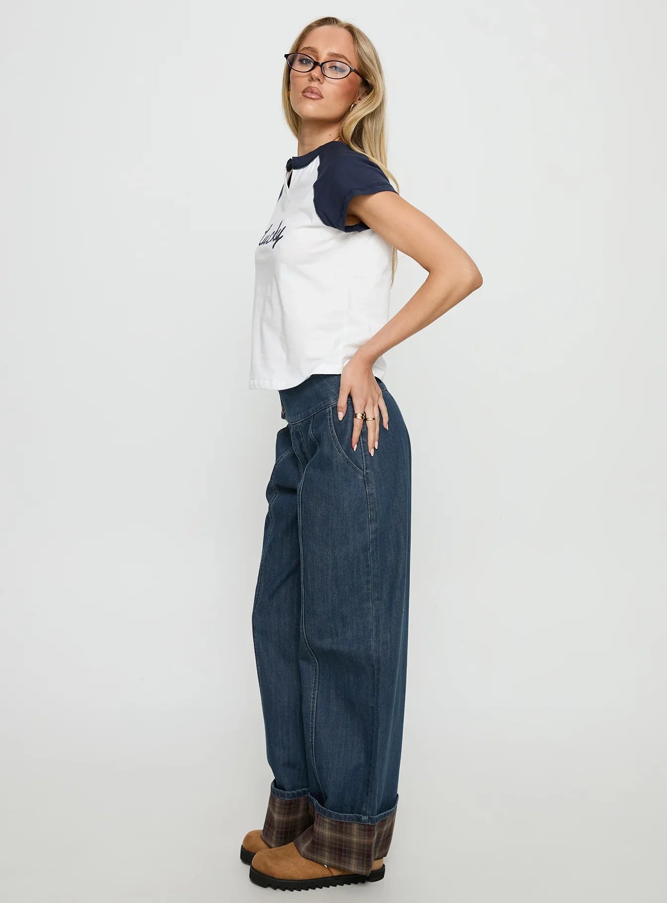 Nikoletta Foldover Jeans Dark Wash Check