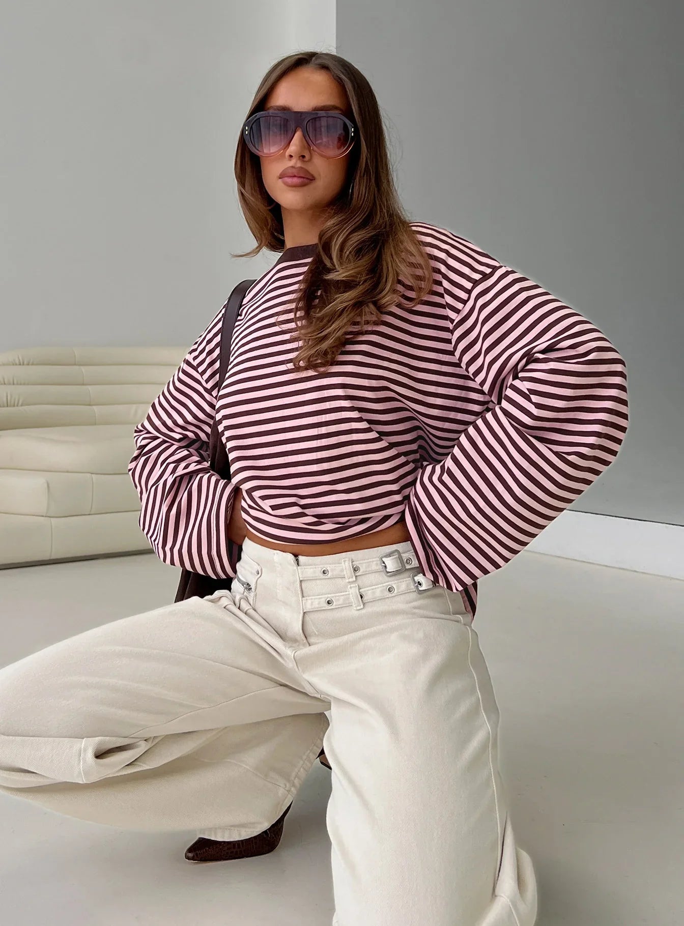 Settle Down Long Sleeve Top Pink Brown Stripe