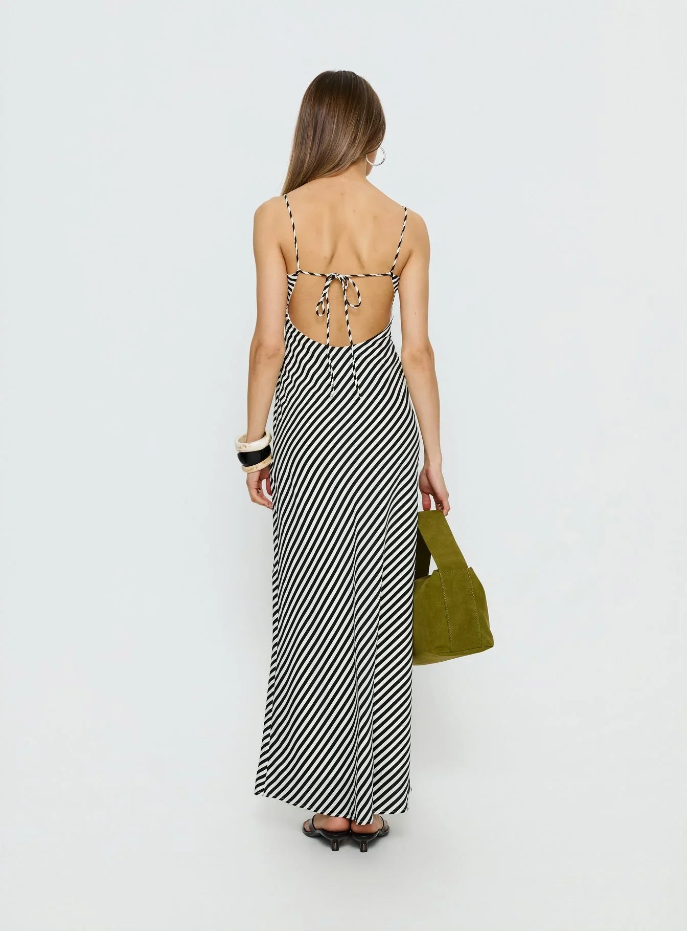 Lesondo V Neck Maxi Dress Black White Stripe