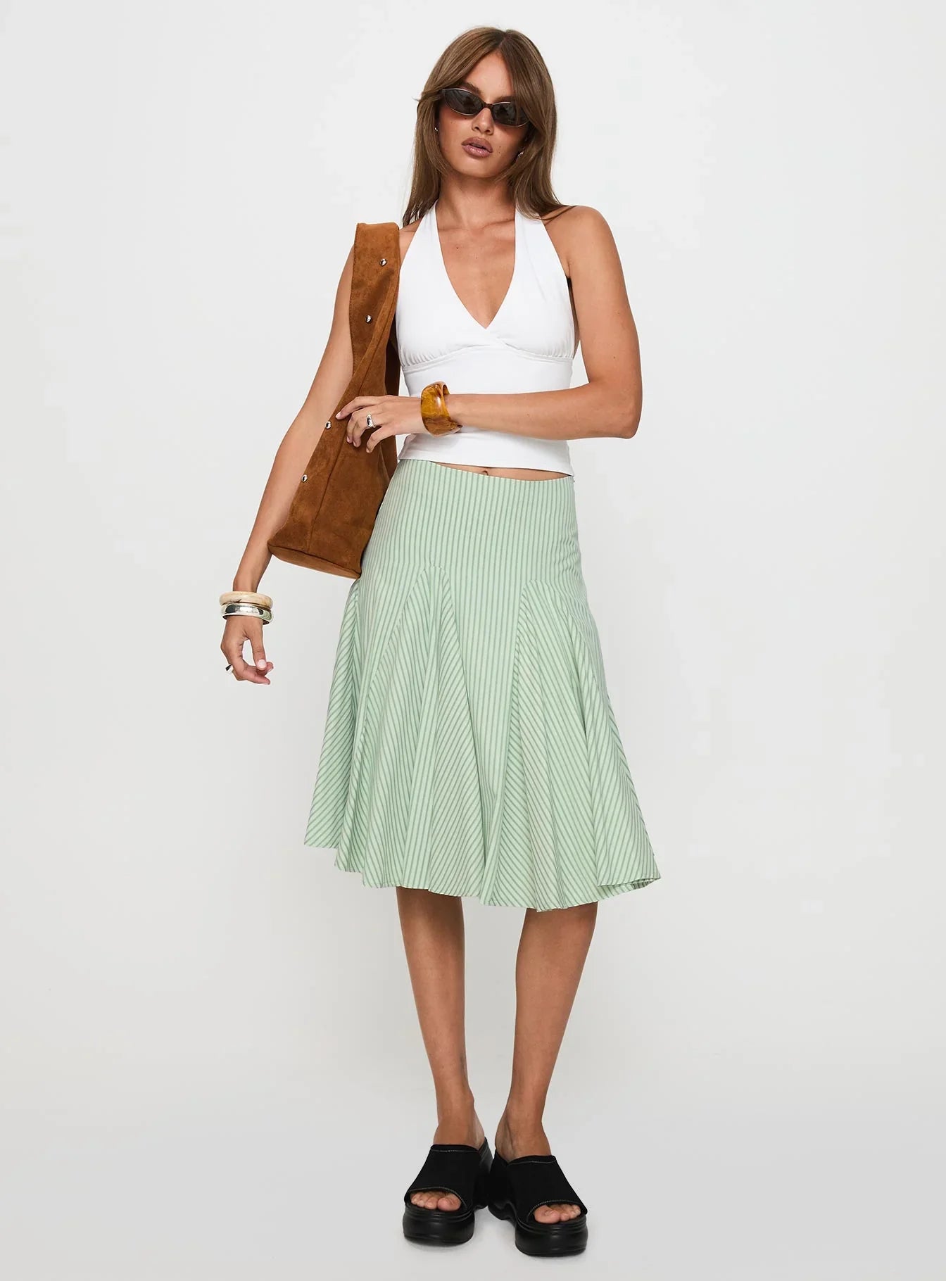 Evangaleine Pleat Midi Skirt Green White