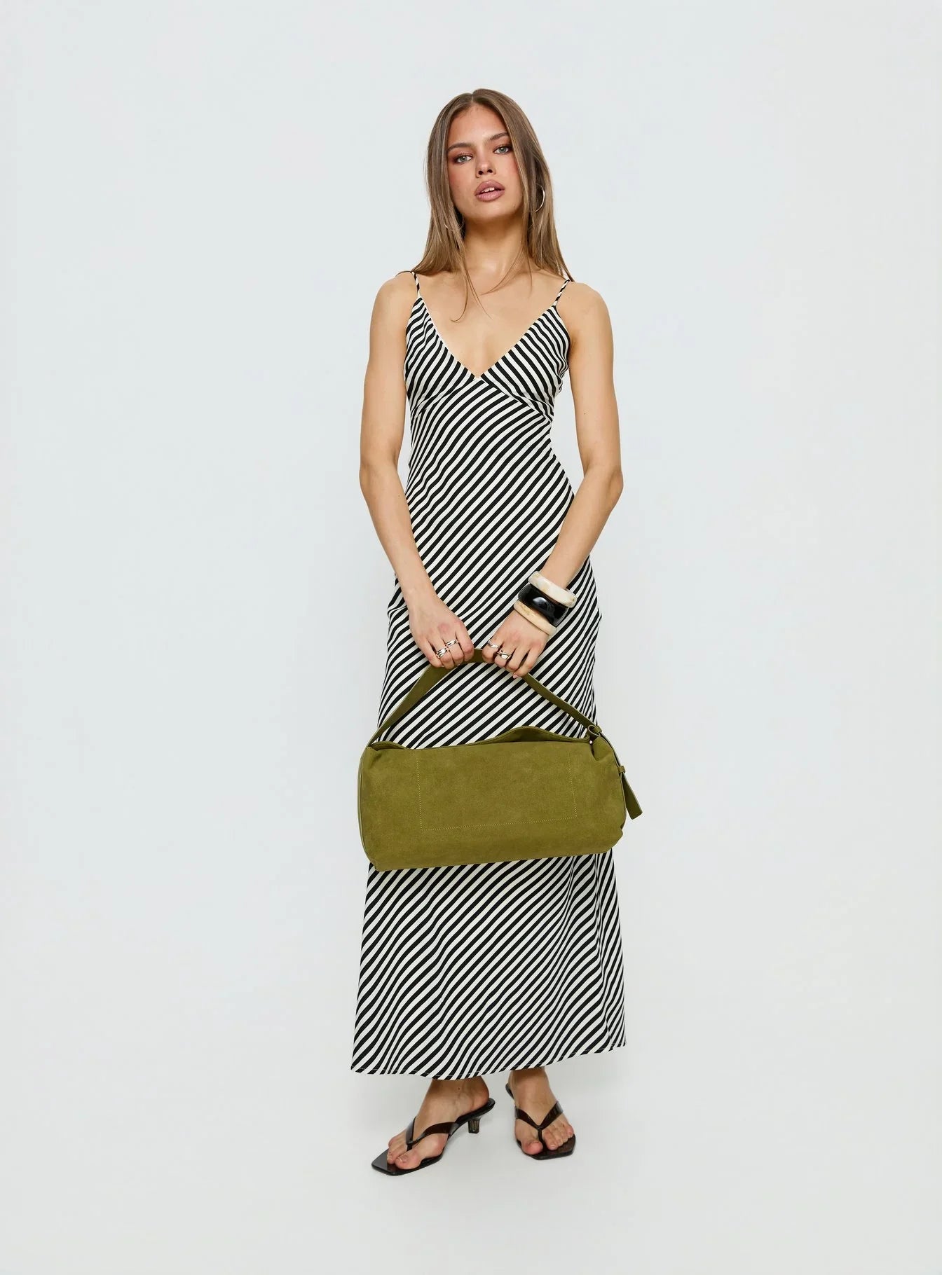 Lesondo V Neck Maxi Dress Black White Stripe