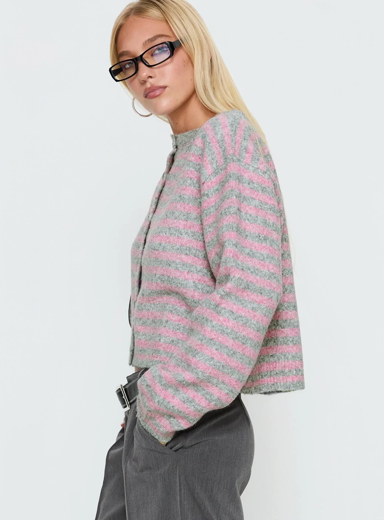 Raynna Button Up Cardigan Pink Grey Stripe