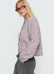 Raynna Button Up Cardigan Pink Grey Stripe
