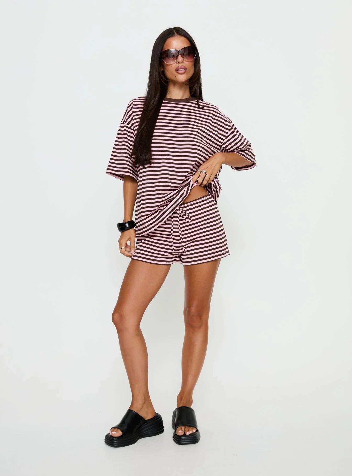 Settle Down Tie Shorts Pink Brown Stripe