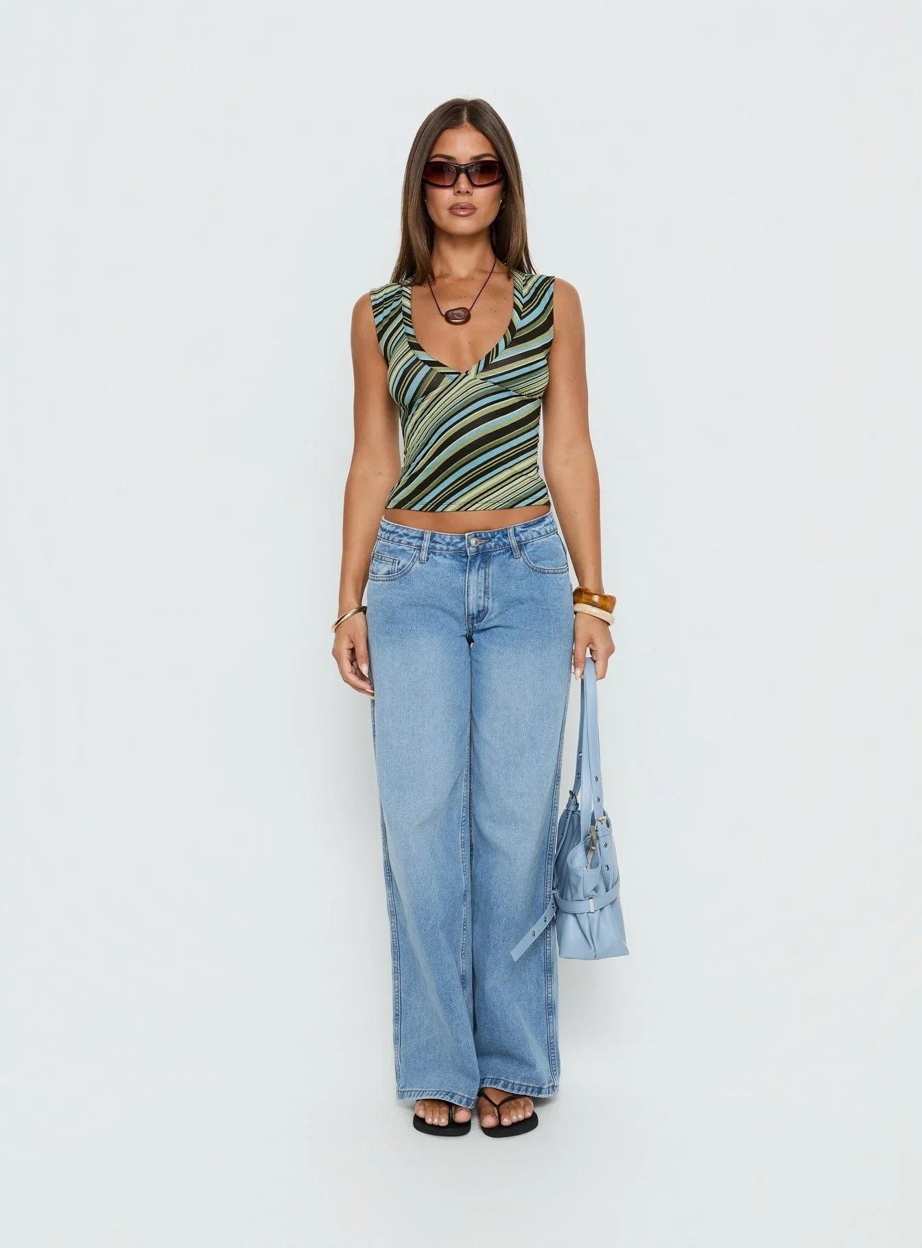 Emberly V Neck Top Green Stripe