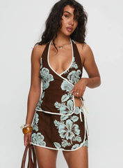 Anyah Tie Side Linen Skort Brown Blue