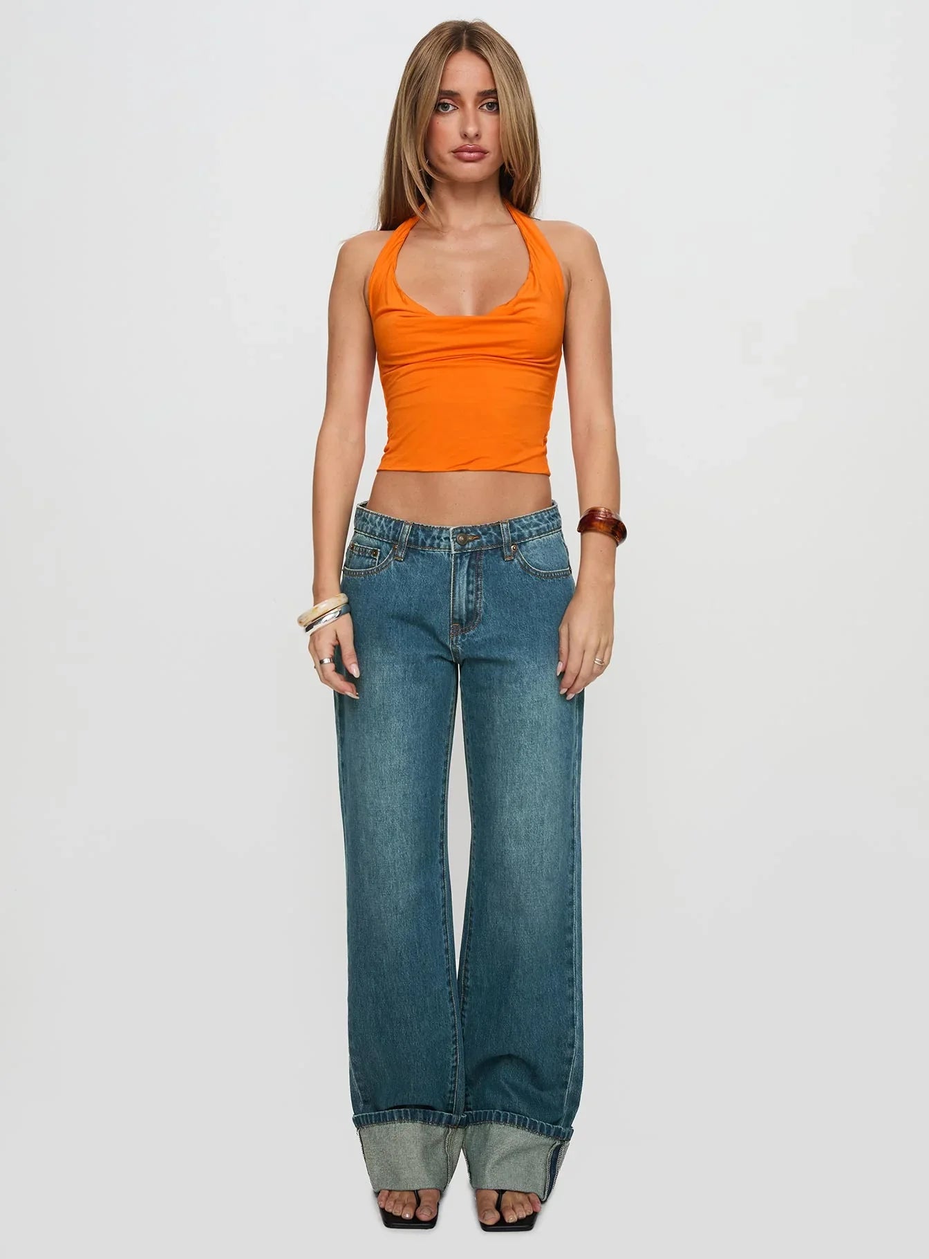 Toros Mid Rise Wide Leg Foldover Denim Jeans Mid Blue