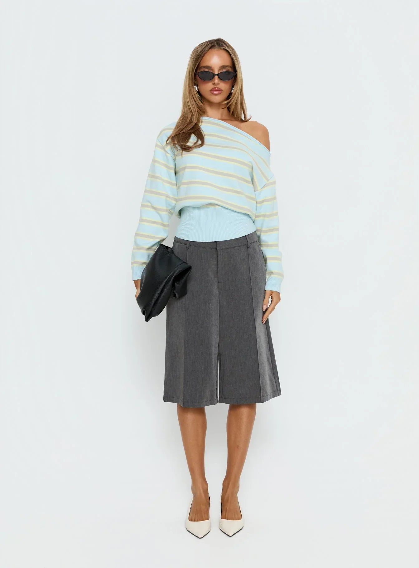 Zinia Off Shoulder Knit Sweater Grey Blue Stripe
