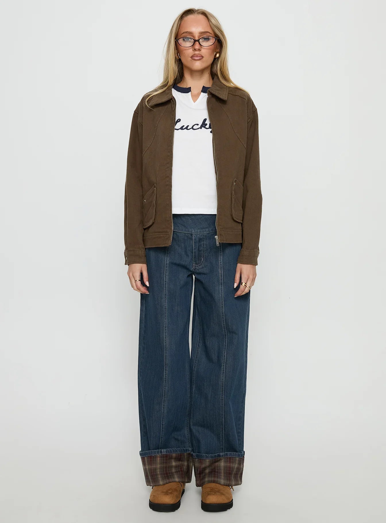 Nikoletta Foldover Jeans Dark Wash Check