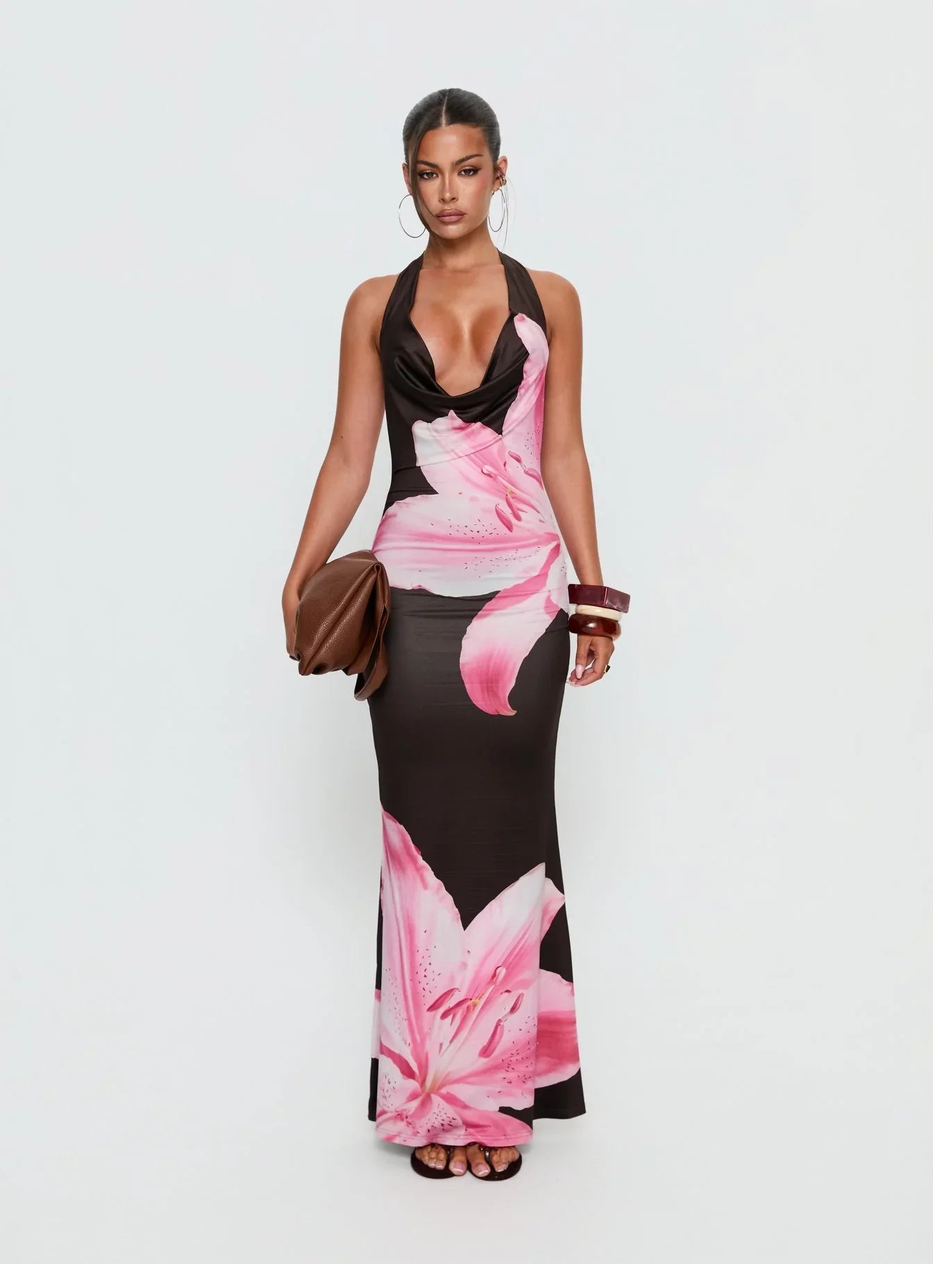 Kanara Halter Plunge Maxi Dress Chocolate Pink Floral