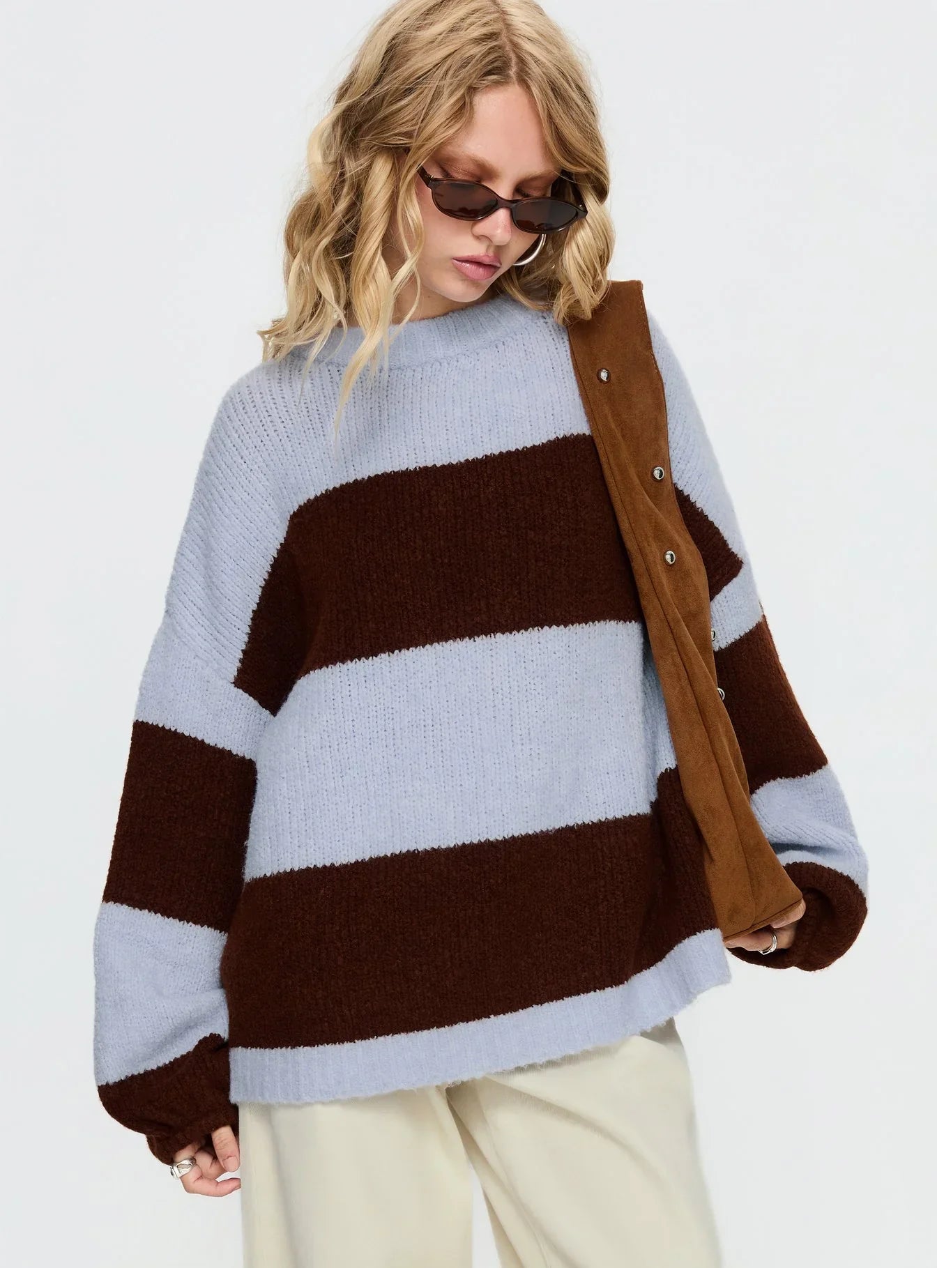 Bastien Crew Neck Knit Sweater Blue Chocolate Stripe